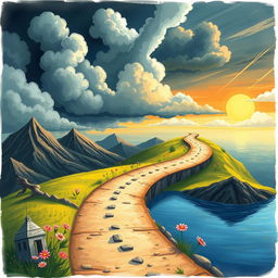 An imaginative illustration portraying a path symbolizing 30 years of life, representing a journey of learning and growth through both hard times and good times