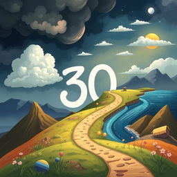 An imaginative illustration portraying a path symbolizing 30 years of life, representing a journey of learning and growth through both hard times and good times