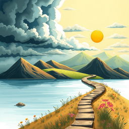 An imaginative illustration portraying a path symbolizing 30 years of life, representing a journey of learning and growth through both hard times and good times