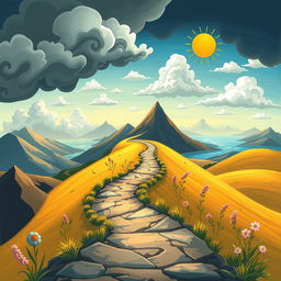 An imaginative illustration portraying a path symbolizing 30 years of life, representing a journey of learning and growth through both hard times and good times