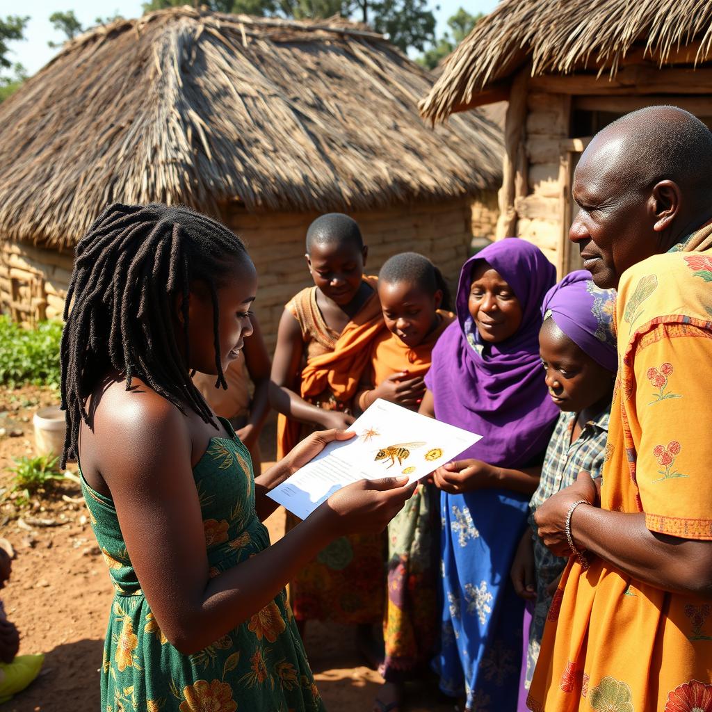 In a rural South African village with grass-thatched houses, an African teenage girl with locs engages with her friends and the village adults