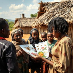 In a rural South African village with grass-thatched houses, an African teenage girl with locs engages with her friends and the village adults