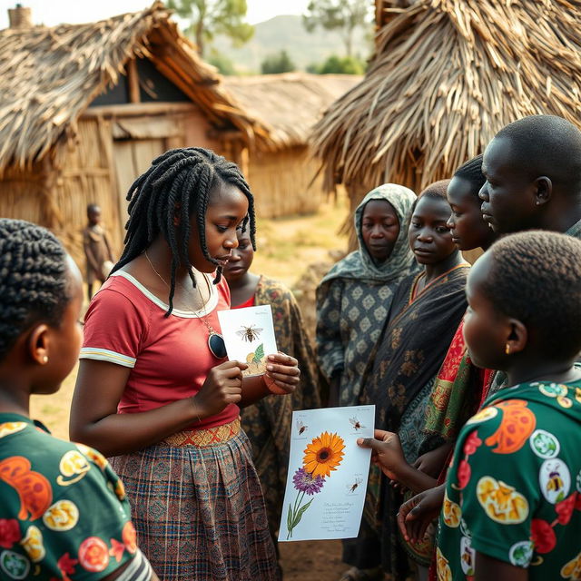 In a rural South African village with grass-thatched houses, an African teenage girl with locs engages with her friends and the village adults