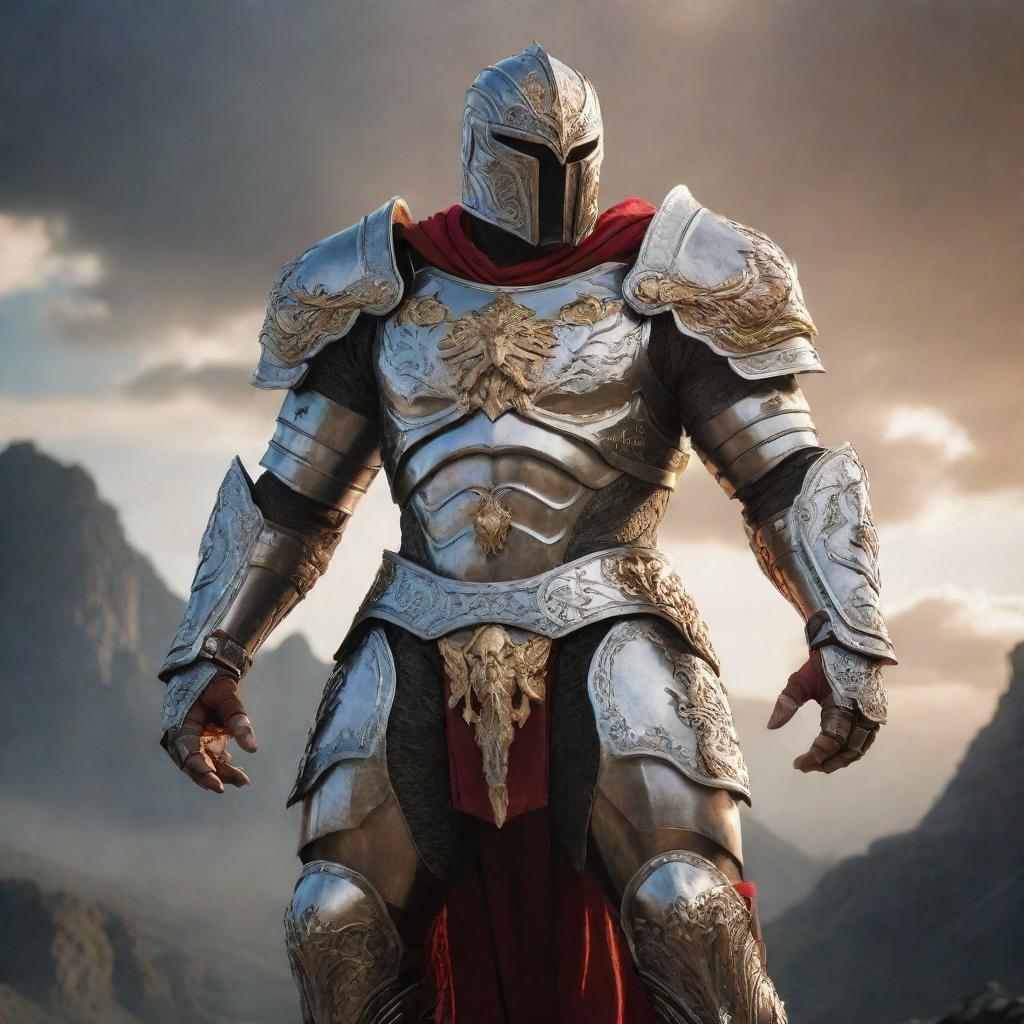 A heroic figure radiating with untamed strength and honor, clad in bright, detailed armor, standing against a dramatic backdrop.