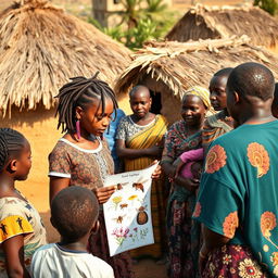 In a rural South African village with grass-thatched houses, an African teenage girl with locs engages with her friends and the village adults