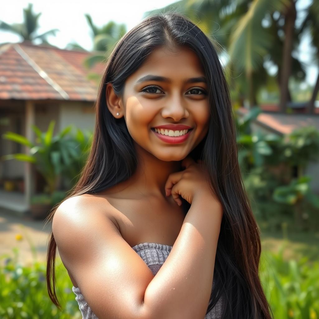 A self-assured Bangladeshi 18-year-old girl proudly showing her naturally unshaven armpit, glistening with sweat