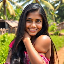 A self-assured Bangladeshi 18-year-old girl proudly showing her naturally unshaven armpit, glistening with sweat