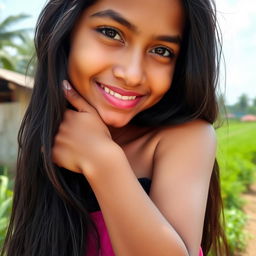 A self-assured Bangladeshi 18-year-old girl proudly showing her naturally unshaven armpit, glistening with sweat