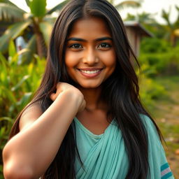 A self-assured Bangladeshi 18-year-old girl proudly showing her naturally unshaven armpit, glistening with sweat