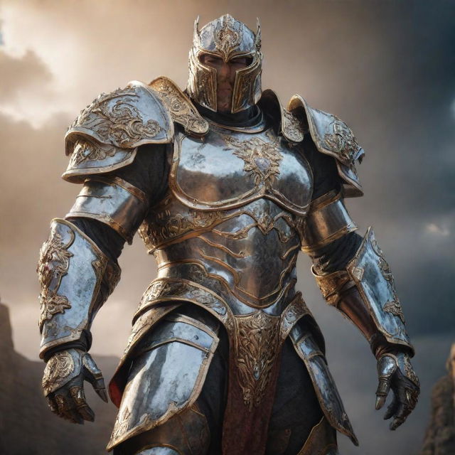 A heroic figure radiating with untamed strength and honor, clad in bright, detailed armor, standing against a dramatic backdrop.