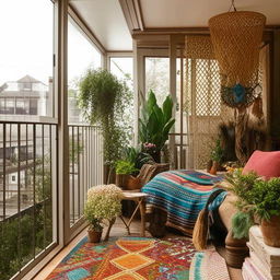 A boho style living room with a balcony, adorned with eclectic furniture, colorful textiles, houseplants, and a scenic view outside.