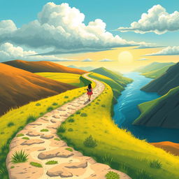 An imaginative illustration of a winding path symbolizing 30 years of life, depicting a journey of learning and growth through both hard and good times