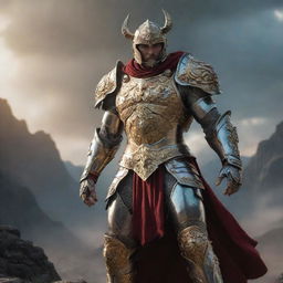 A heroic figure radiating with untamed strength and honor, clad in bright, detailed armor, standing against a dramatic backdrop.