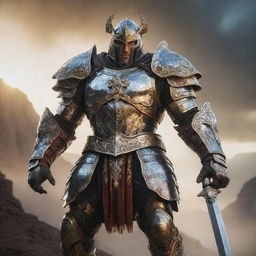 A heroic figure radiating with untamed strength and honor, clad in bright, detailed armor, standing against a dramatic backdrop.