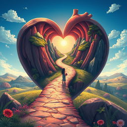 A surreal illustration of a heart-shaped path symbolizing 30 years of life, representing a journey of learning and growth through hard times and good times, while expressing both sensitivity and strength