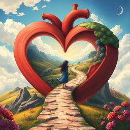 A surreal illustration of a heart-shaped path symbolizing 30 years of life, representing a journey of learning and growth through hard times and good times, while expressing both sensitivity and strength