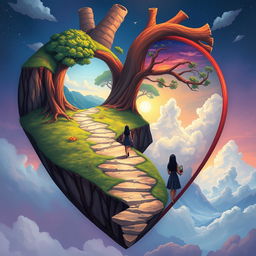 A surreal illustration of a heart-shaped path symbolizing 30 years of life, representing a journey of learning and growth through hard times and good times, while expressing both sensitivity and strength