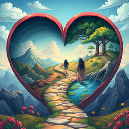 A surreal illustration of a heart-shaped path symbolizing 30 years of life, representing a journey of learning and growth through hard times and good times, while expressing both sensitivity and strength