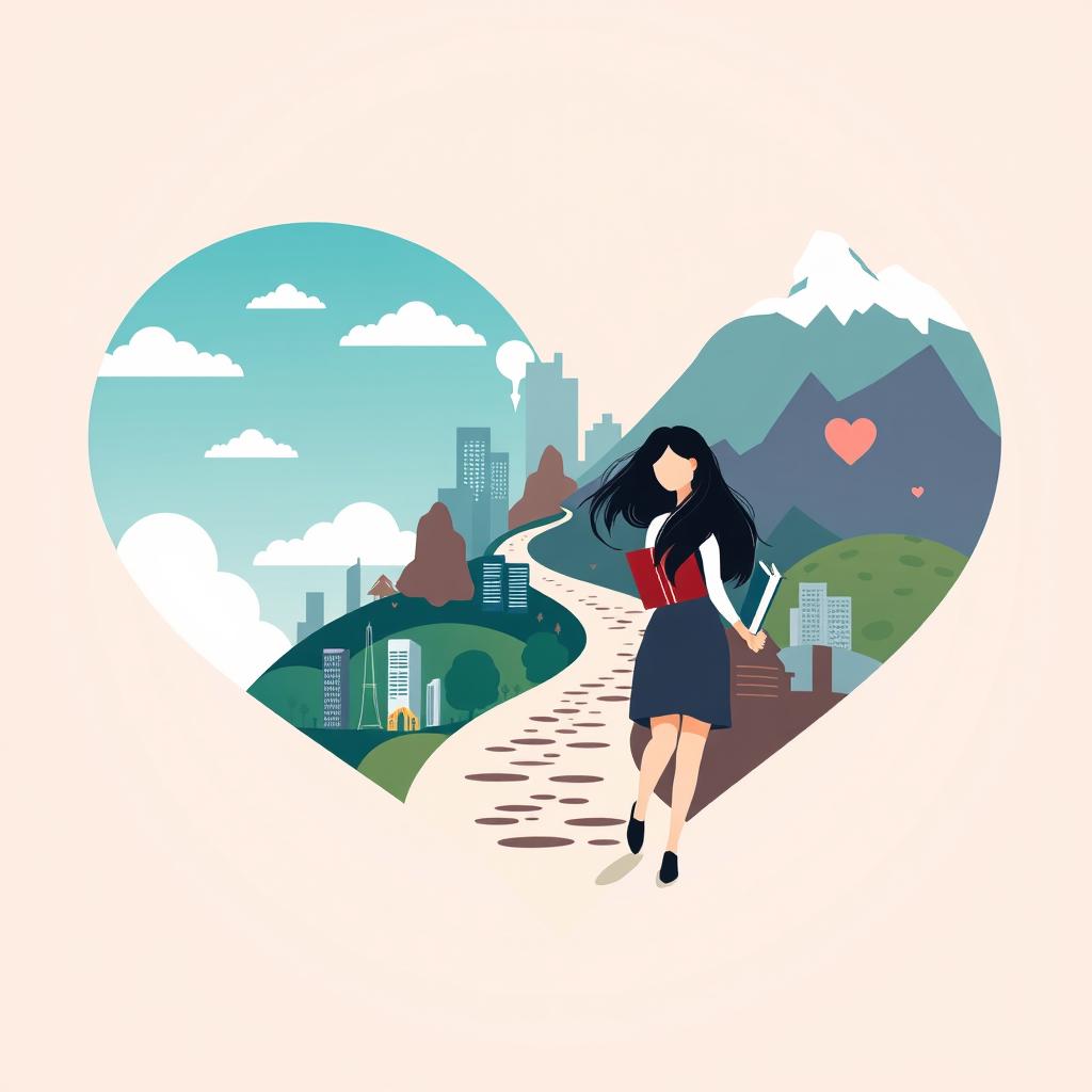 A contemporary and stylized depiction of a heart-shaped path symbolizing 30 years of life experiences, highlighting the journey of learning and growth through hard times and good times