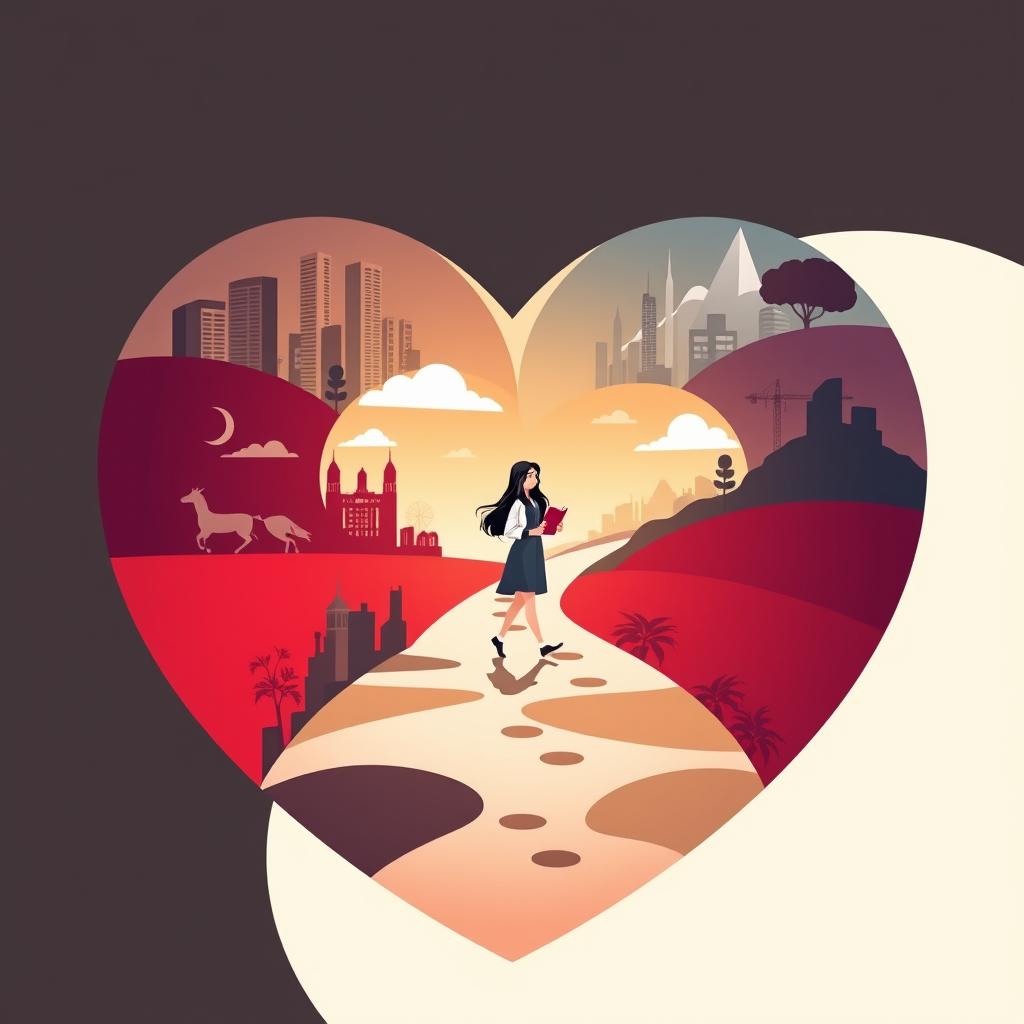 A contemporary and stylized depiction of a heart-shaped path symbolizing 30 years of life experiences, highlighting the journey of learning and growth through hard times and good times