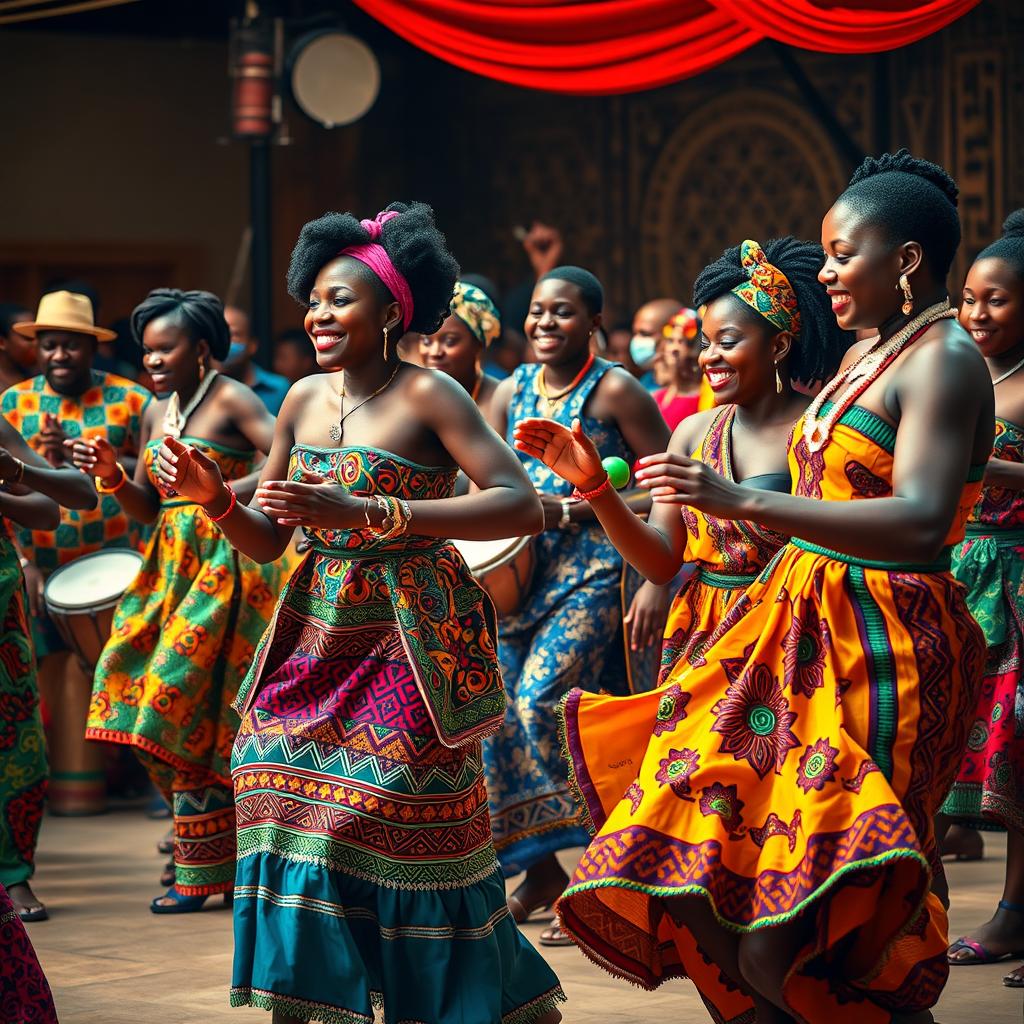 A vibrant and dynamic scene capturing the musical and dance magic of African culture