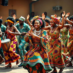 A vibrant and dynamic scene capturing the musical and dance magic of African culture