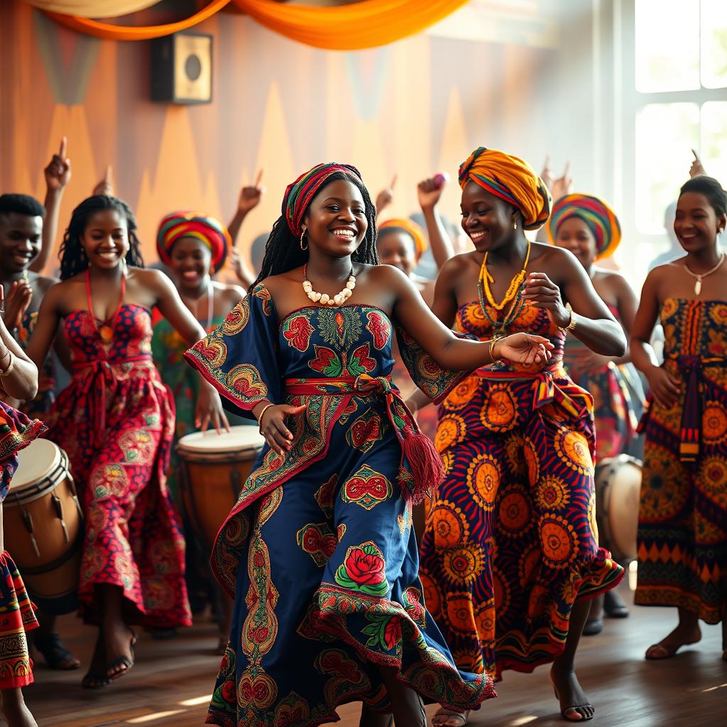 A vibrant and dynamic scene capturing the musical and dance magic of African culture