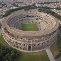 An iconic high school with majestic architecture, its grandeur amplified by a large Colosseum-style arena at its core.