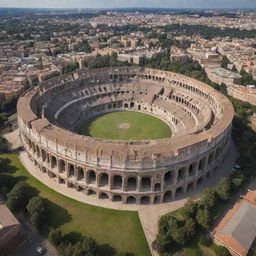 An iconic high school with majestic architecture, its grandeur amplified by a large Colosseum-style arena at its core.