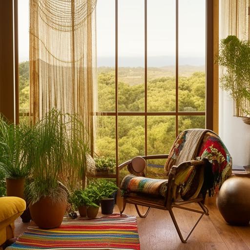 A boho style living room with a balcony, adorned with eclectic furniture, colorful textiles, houseplants, and a scenic view outside.