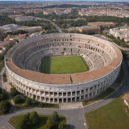 A large and majestic high school building with a Colosseum-themed arena situated in the center.