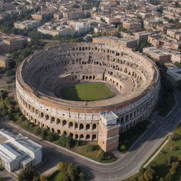 A large and majestic high school building with a Colosseum-themed arena situated in the center.