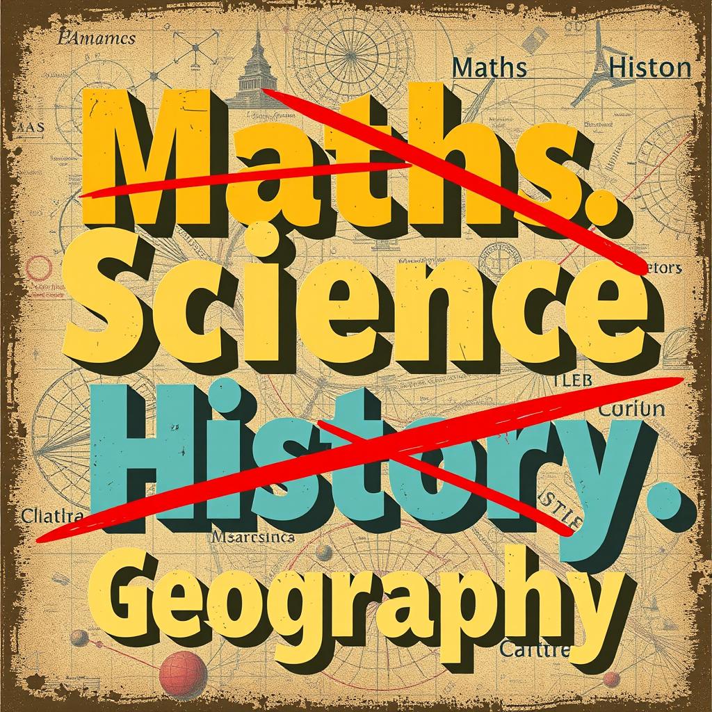 A creative and thought-provoking image featuring four words: Maths, Science, History, and Geography, each prominently displayed and visually crossed out with bold, dynamic strokes