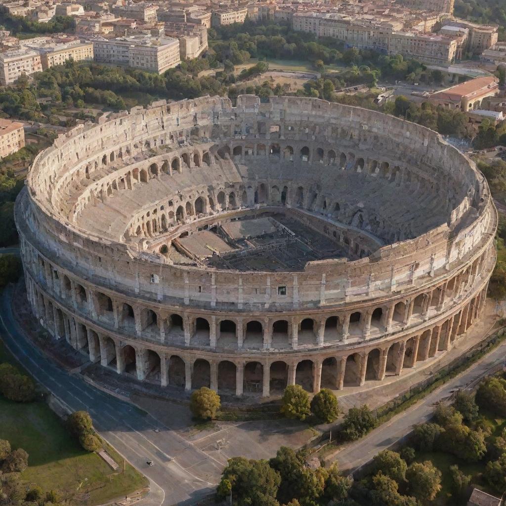 A large and majestic high school building with a Colosseum-themed arena situated in the center.