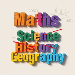 A creative and thought-provoking image featuring four words: Maths, Science, History, and Geography, each prominently displayed and visually crossed out with bold, dynamic strokes