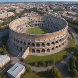 A large and majestic high school building with a Colosseum-themed arena situated in the center.