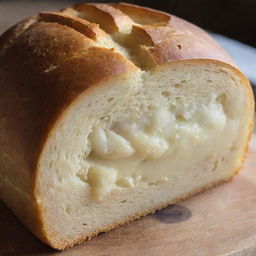 A loaf of freshly baked bread with a golden crust and steam gently emerging from the slices.