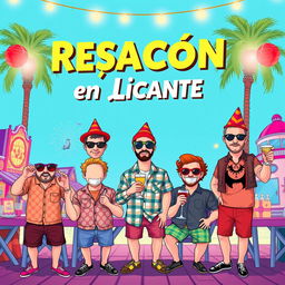 A whimsical and vibrant movie poster titled "Resacón en Alicante," inspired by "The Hangover" movie poster