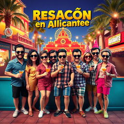 A whimsical and vibrant movie poster titled "Resacón en Alicante," inspired by "The Hangover" movie poster