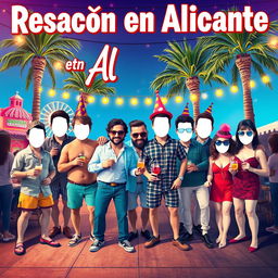 A whimsical and vibrant movie poster titled "Resacón en Alicante," inspired by "The Hangover" movie poster