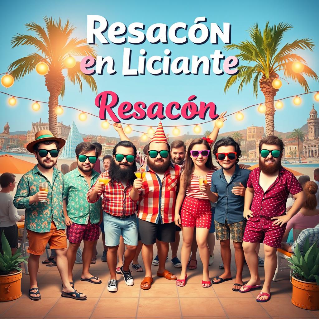 A whimsical and vibrant movie poster titled "Resacón en Alicante," inspired by "The Hangover" movie poster