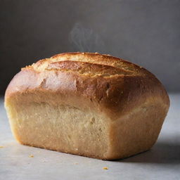 A loaf of freshly baked bread with a golden crust and steam gently emerging from the slices.