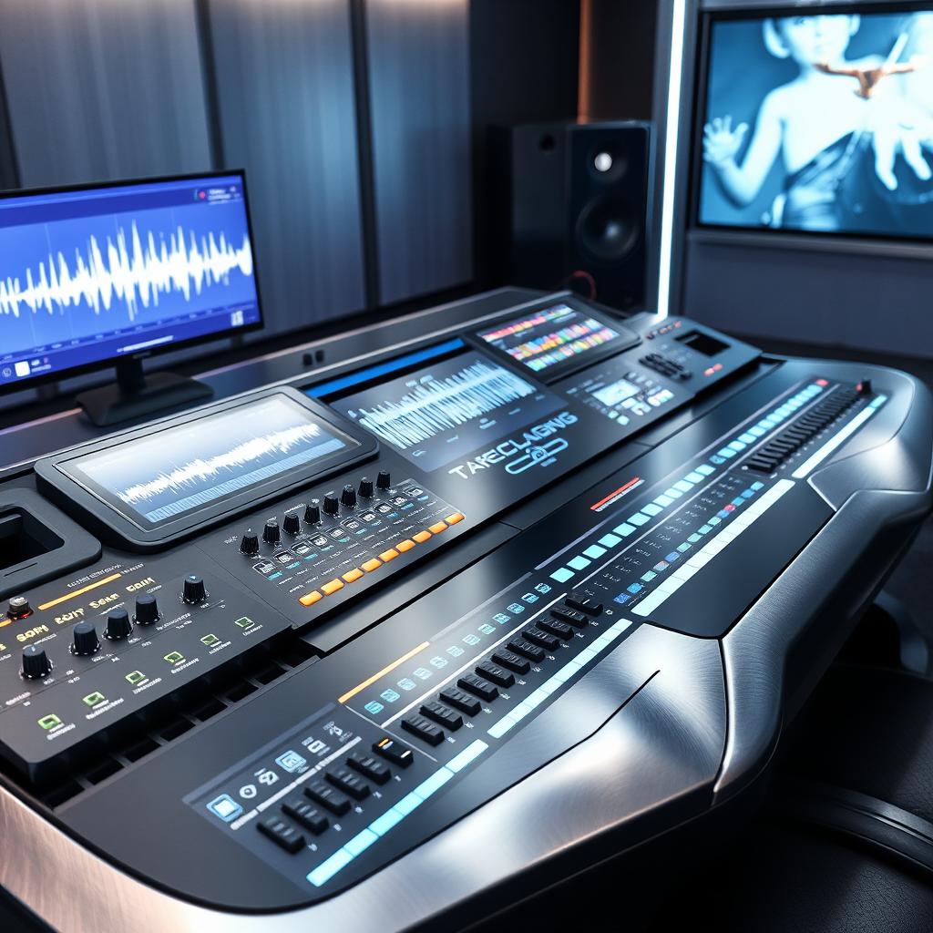 A futuristic sound and music console with sleek design, capable of producing, mixing, mastering, and playing any type of audio