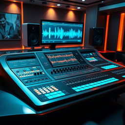 A futuristic sound and music console with sleek design, capable of producing, mixing, mastering, and playing any type of audio