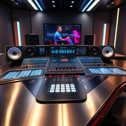 A futuristic sound and music console with sleek design, capable of producing, mixing, mastering, and playing any type of audio