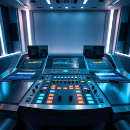 A futuristic sound and music console with sleek design, capable of producing, mixing, mastering, and playing any type of audio