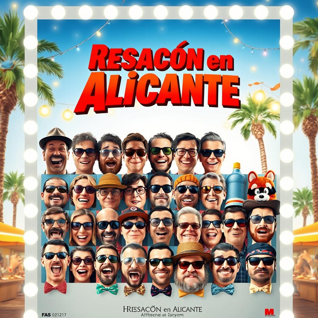 A lively and humorous movie poster titled "Resacón en Alicante," inspired by "The Hangover" movie poster