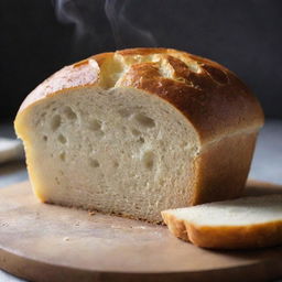 A loaf of freshly baked bread with a golden crust and steam gently emerging from the slices.