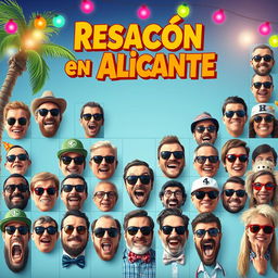 A lively and humorous movie poster titled "Resacón en Alicante," inspired by "The Hangover" movie poster