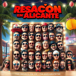 A lively and humorous movie poster titled "Resacón en Alicante," inspired by "The Hangover" movie poster